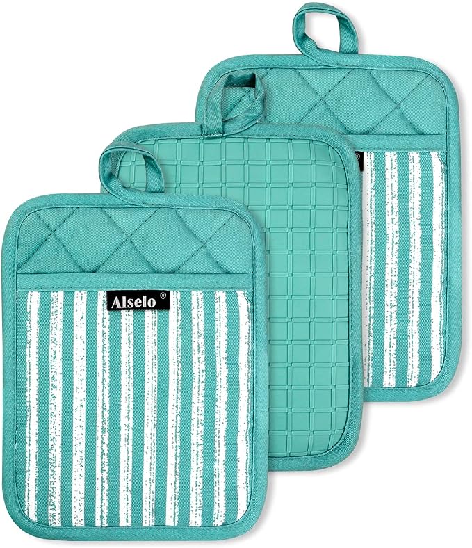 Alselo Silicone Pot Holders Set of 3 Heat Resistant & Non Slip Potholders | Professional Oven Hot Pads with Pockets Mitts for Kitchen Cooking Baking Barbecue (Green, 3)