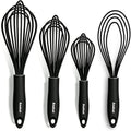 Anaeat Silicone Kitchen Whisk Set of 4, Perfect for Non-Stick Cookware, Egg Beater Milk Blender for Whisking, Cooking, Baking, Beating - 11'' Flat Whisk and 9''+11''+12'' Balloon Whisks (Black)