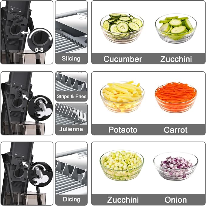 All-in-1 Safe Mandoline Slicer for Kitchen, Food Chopper with Container | 0.1-8mm Thickness Vegetable Chopper, Safe Mandoline Slicer, Potato French Fry Cutter Tomato Apple Slicer Onion (BlackKnight)