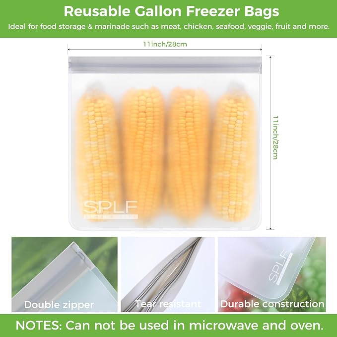 SPLF 6 Pack Reusable Gallon Freezer Bags Dishwasher Safe, Gray | BPA FREE Reusable Food Storage Bags, Extra Thick Leakproof 1 Gallon Bags for Marinate Meat, Cereal, Sandwich, Snack, Travel