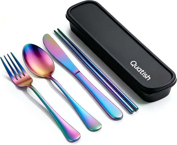 Travel Utensils with Case, Quatish 5 Piece Stainless Steel Silverware Set for Work, Portable Reusable Travel Cutlery Set, Fork and Spoon Set for Picnic, Camping, Gadgets, Lunch Box for Men, Rainbow