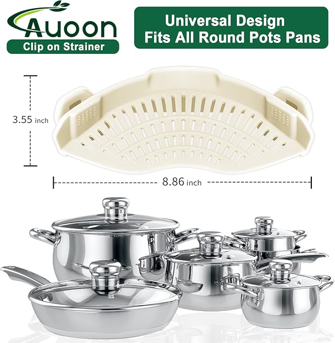 AUOON Pasta Strainer Clip on Silicone, Standard 8.86 x 3.55 in, White | BPA-free, Fits All Pots Pans Bowls, Dishwasher Safe, for Meat Noodles Vegetable Fruits, Space-saving Kitchen Gadget