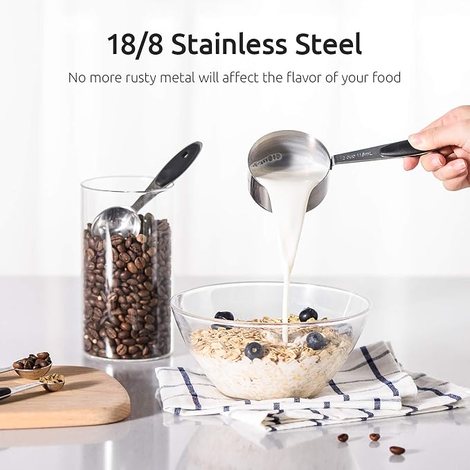U-Taste Measuring Cups Spoons Set, 18/8 Stainless Steel, 10Pcs, Black | Upgraded Thickened Handle, Reinforced Welded Joints, Nested Stackable Design, Metal Measure Set for Kitchen Baking Cooking