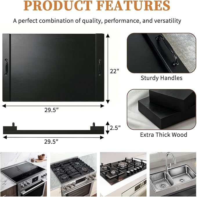 Noodle Board Stove Cover with Handles, Black | For Electric Stove, For Gas Stove Top