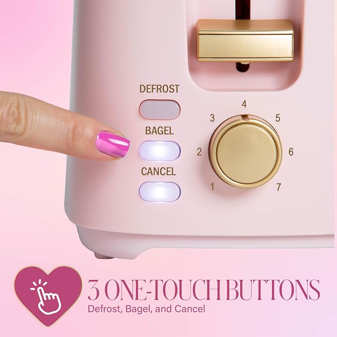Paris Hilton 2-Slice Toaster, Extra-Wide Slots, 7 Browning Settings, Bagel & Defrost Functions, Removable Crumb Tray, Pink