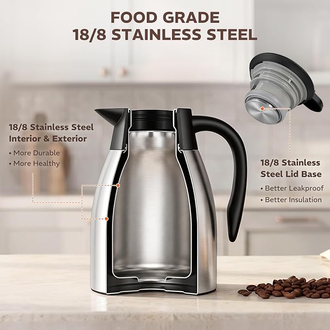 Thermal Coffee Carafe for Keeping Hot – 34OZ Insulated Small Coffee Pot | 304 Stainless Steel Coffee Flask, Tea Pitcher for Hot Drinks Liquid Water, Insulated Beverage Dispenser for Parties