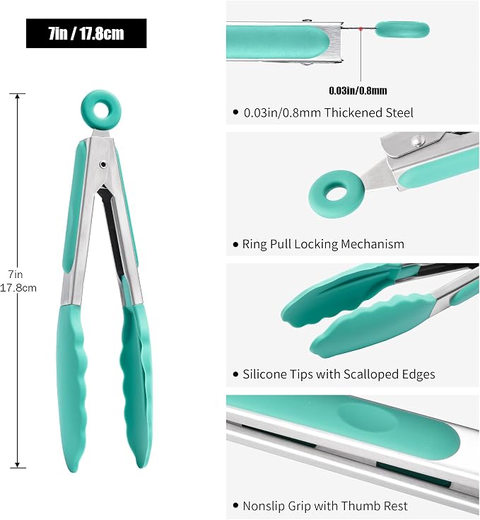 Doosu Kitchen Tongs with Silicone Tips for Cooking Serving (7in, Aqua Sky) | 600°F Heat Resistant Food Tong, Heavy Duty Stainless Steel Locking Tong for BBQ, Grilling Steak, Salad, Toast, Pasta