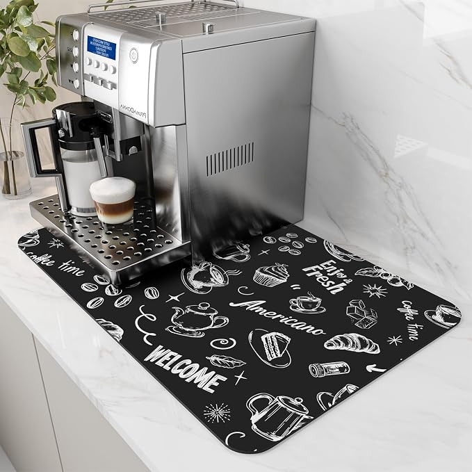 AMOAMI Coffee Mat Hide Stain Rubber Backed Absorbent Dish Drying Mat for Kitchen Counter - Fits Under Coffee Maker & Espresso Machine (12x19,INK)