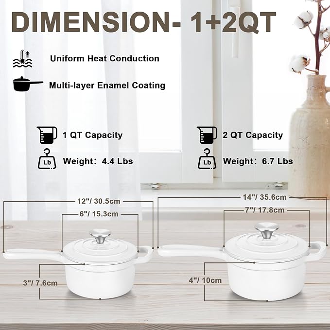 Leonyo 1& 2Qt Enameled Cast Iron Saucepan with Lid, Cooking Pot Set, White