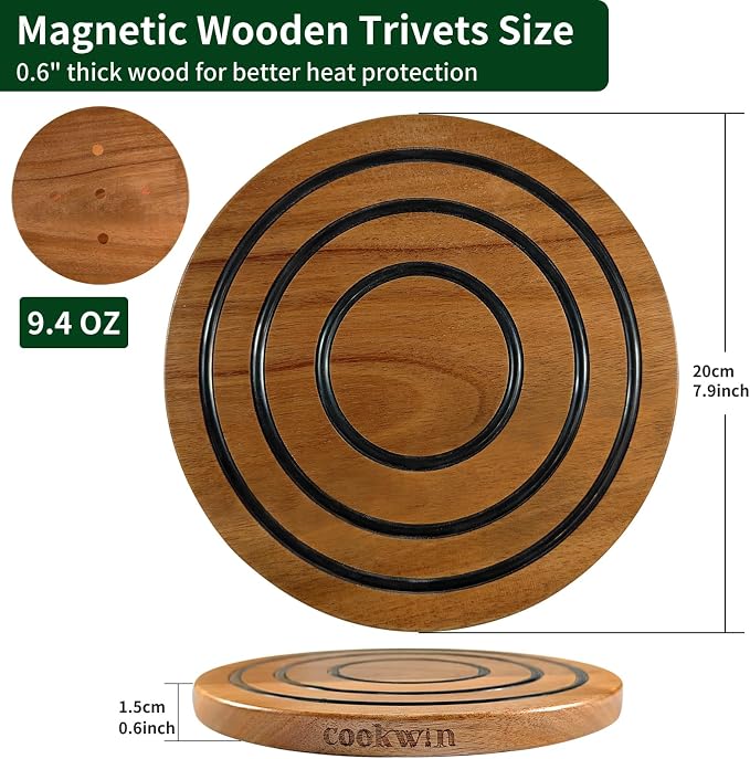 8 Inch Magnetic Wooden Trivets, Acacia Wood Pot Holder with 3 Heat-Resistant Silicone Rings, Kitchen Round Magnetic Trivet for Cast Iron Pots, Pans and Hot Dishes