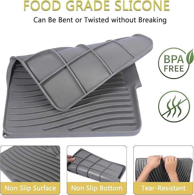 Silicone Dish Drying Mat for Kitchen Counter, Gray-1pcs, 16" x 13" | Heat Resistant & Non-Slip Dish Drain Pad with Built-In Drain, Dishwasher Safe, Quick-Dry, Hangable & Roll-Up for Storage