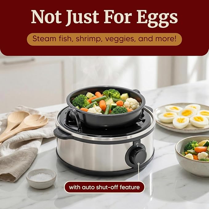 Elite Gourmet EGC648 Egg Boiler Cooker, 7-Egg Poacher/Omelet Maker, Steel | Cooks soft, medium, or hard-boiled eggs, also scrambles - auto shut-off with buzzer - measuring cup included - BPA-free