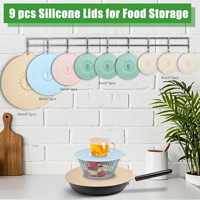 9 Pack Silicone Lids, Microwave Splatter Covers - Reusable, Heat Resistant Lids (5 Sizes) for Bowls, Cups, Plates, Pots, Pans & Skillets - Stovetop, Oven, Fridge & Dishwasher Safe