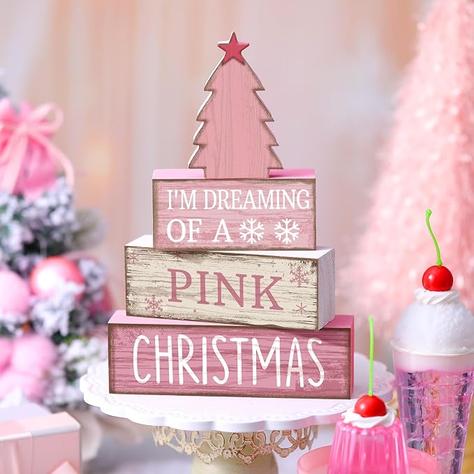 Lineshading 4 Pcs Wooden Christmas Decor Pink Tree Signs Tiered Tray | Indoor Farmhouse Tabletop Centerpiece, Pink Christmas Saying Blocks, Rustic Wood Signs for Shelves and Home
