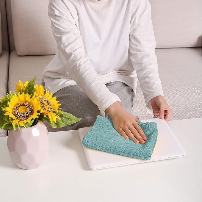 Microfiber Dish Towels - Soft, Super Absorbent and Lint Free Kitchen Towels - 8 Pack (Lattice Designed Lake Blue Colors) - 26 x 18 Inch