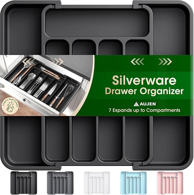 Aujen Silverware Drawer Organizer, Adjustable Utensil Cutlery Tray | Expandable Kitchen Organizer for Forks Knives, Multipurpose Kitchen Storage, Apartment Essentials, Black, Medium