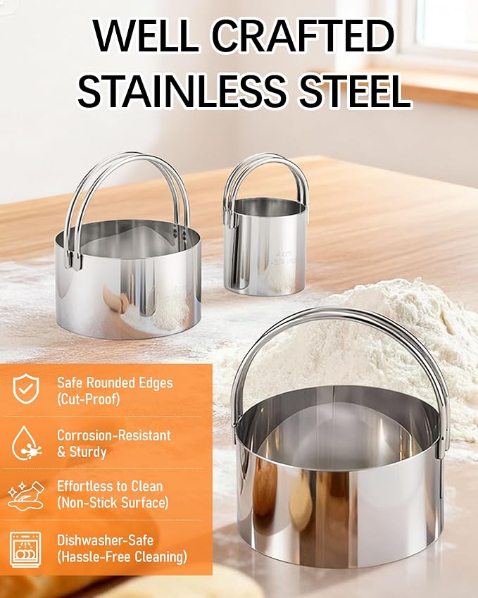 Biscuit Cutter Set with Handle, 3pcs Cookie Cutters | Pastry, Cakes, Donut Baking Tool, Stainless Steel, Dishwasher Safe, In/cm Markings, Ergonomic Arched Grip
