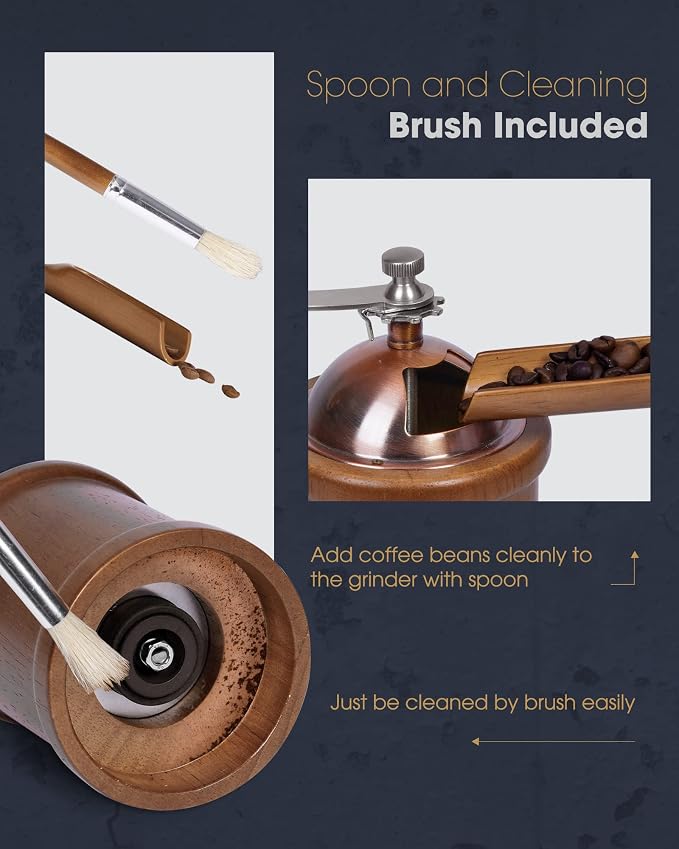 POLIVIAR Manual Coffee Grinder, Coffee Bean Grinder with Adjustable Ceramic Burr, Vintage Style Wooden Hand Coffee Grinder, Large Capacity Burr Coffee Grinder with Brush and Spoon (JX2022-CG20) | Coffee Bean Grinder with Adjustable Ceramic Burr, Vintag...
