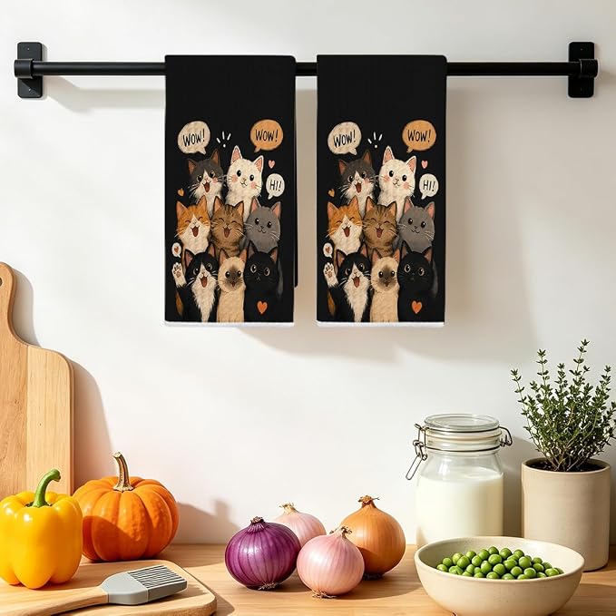 Jztco 2 Pcs Cute Cat Kitchen Towels, Cats Gift Reusable Hand Towels | Cat Dish Cloths for Drying Dishes, Cats Waffle Dish Towels for Kitchen Bathroom Decor, Cat Lover Gifts for Women Mom Grandma