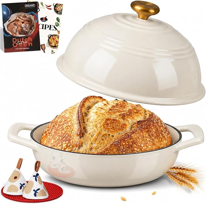 Overmont Enameled Cast Iron Dutch Oven, 6QT Bread Oven with Dome Lid Recipe | Tall Bread Pot with Potholders, for Sourdough Bread Baking Artisan Loaves, Crispy Crust & Better Oven Spring, 500°F Oven Safe