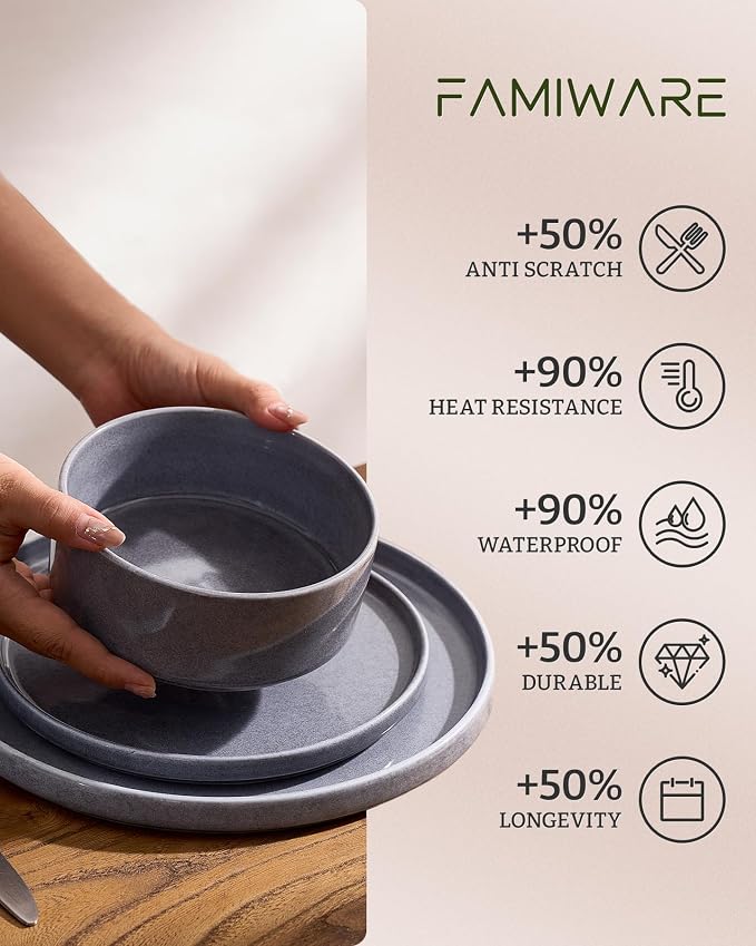 Famiware Annecy 12-Piece Stoneware Dinnerware Set, Misty Blue | Stoneware Plates and Bowls for 4, Handmade Reactive Glaze, Microwave & Dishwasher Safe, Chip & Scratch Resistant