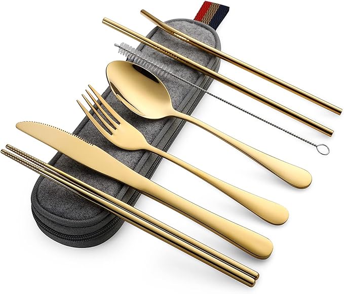 DEVICO Camping Utensils, Full-Size Travel Silverware Set with Case for Work | 8Pcs Stainless Steel Travel Cutlery Set, Portable Metal Straws Chopsticks Fork Spoon Knife Set for Lunch Box/School, Gold
