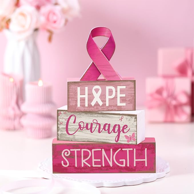 Lineshading 4 Pcs Pink Ribbon Block Signs Wooden Farmhouse Table Decor | Hope Courage Strength Blocks, Rustic Finish for Tiered Tray, Home Shelf Decor, Breast Cancer Awareness Support Gift