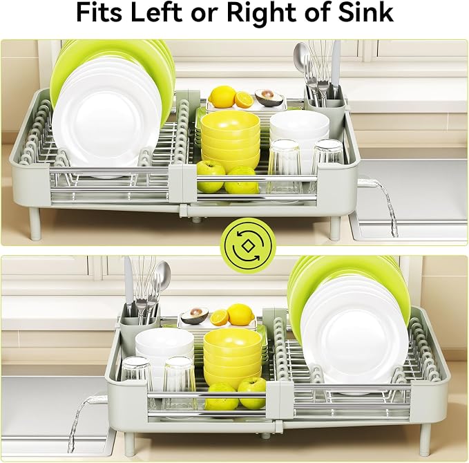 Urackify Extendable Stainless Dish Drying Rack for Kitchen Counter | 13.78"W x 18.7"L, Foldable Drainboard for Space Saving, Knife and Utensil Holder, Fast-draining Spout, Soft Celery Green