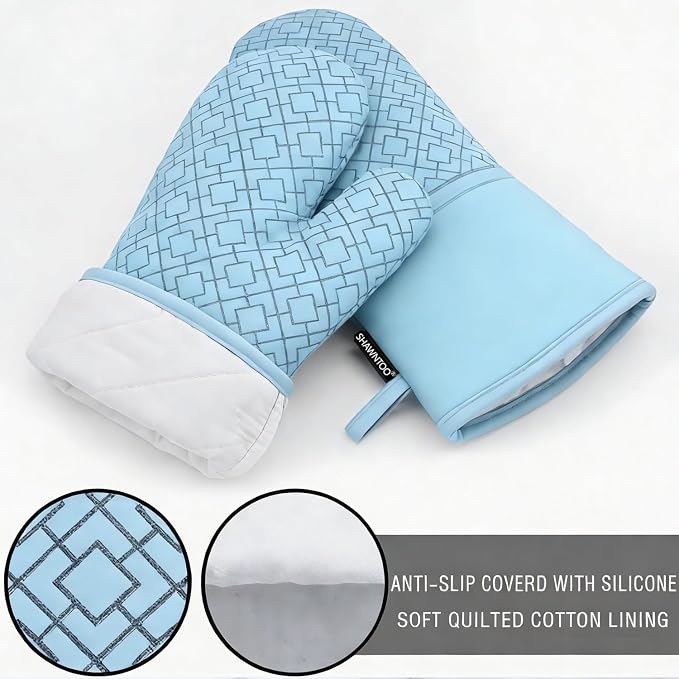 Oven Mitts and Pot Holders Sets 6pcs, Kitchen Oven Glove,High Heat Resistant 550 Degree Extra Long Oven Mitts and Potholders with Non-Slip Silicone Surface for Home Essentials (Grey) (Fog Blue)
