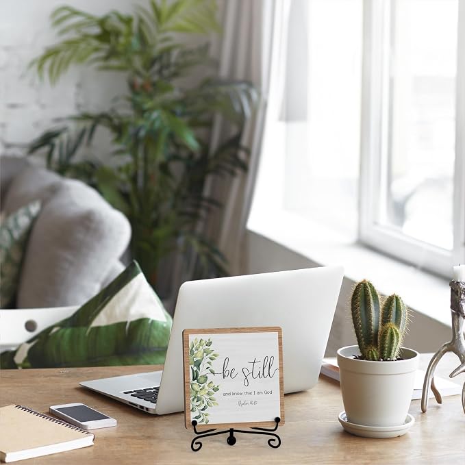 Inspirational Christian Desk Decor, Be Still And Know That I Am God Rutsic Sign, Desk Decorations For Office Home Living Room Bathroom, Eucalyptus Shelf Decor, Wooden Plaque With Stand (03)