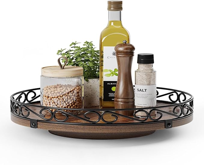 12" Lazy Susan Turntable Organizer for Table Top, Wood Lazy Susan Cabinet | Farmhouse Rotating Decor Tray for Dining Table, Pantry, Kitchen Countertop, Spice, Bathroom Vanity, Round Patterned Rim,Brown
