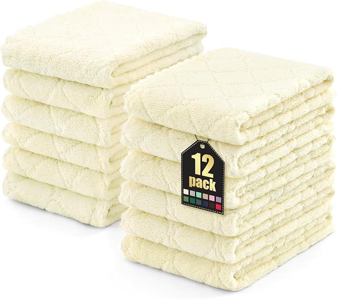 Homaxy 12 Pack Super Soft Absorbent Dish Towels, 10" x 20", Cream Yellow | Coral Velvet, Nonstick Oil Fast Drying Microfiber Cleaning Cloth, No Lint Dishcloths for washing and drying
