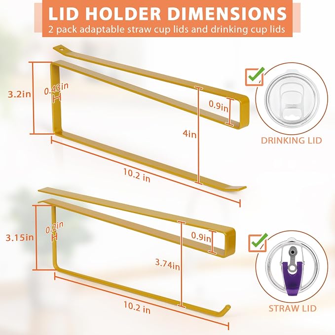 2 Pack Tumbler Lid Organizer, Versatile Storage Holds 20 Lids, Round&Flat | Space Saving Cup Lid Organizers Inside Cabinet Tumbler Lid Hook for Pantry Kitchen Organizer, Paper Towel Rack Hanger, Gold