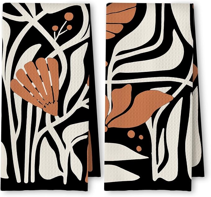 Abstract Boho Black and Beige Brown Floral Kitchen Towels Set of 2, 70s Retro Groovy Botanical Dish Tea Towels for Kitchen Bathroom Decor, Mid Century Modern Hand Towels, 16x24 Inch