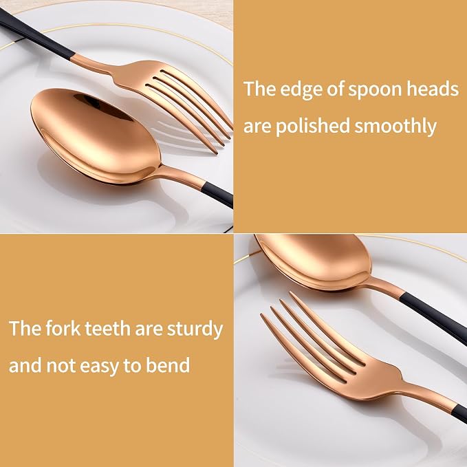 20-Piece Black and Rose Gold Silverware Set 18/0 Stainless Steel Silverware Set Black Handle Cutlery Set Service for 4 Dinner Knives Forks Spoons Set Flatware Set Finish Dishwasher Safe