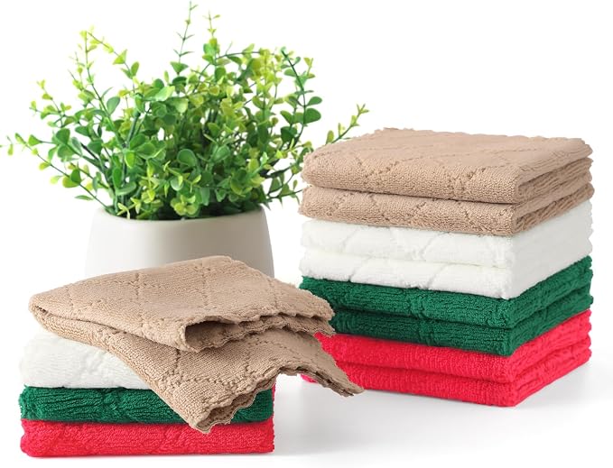 Homaxy 12 Pack Super Soft Absorbent Coral Velvet Dish Cloths, 10" x 10" | Dark Green/Tan/Red/White, Nonstick Oil Fast Drying Microfiber Cleaning Cloth, No Lint Household Dishcloths