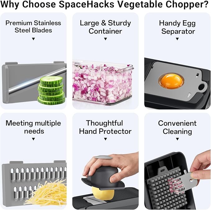 12-in-1 Vegetable Chopper with 7 Blades, Food Veggie Cutter, Mandoline Gray | Includes Egg Separator, Food Container and Finger Guard, Non-slip Base, for Chopping, Slicing, Shredding, and Mincing
