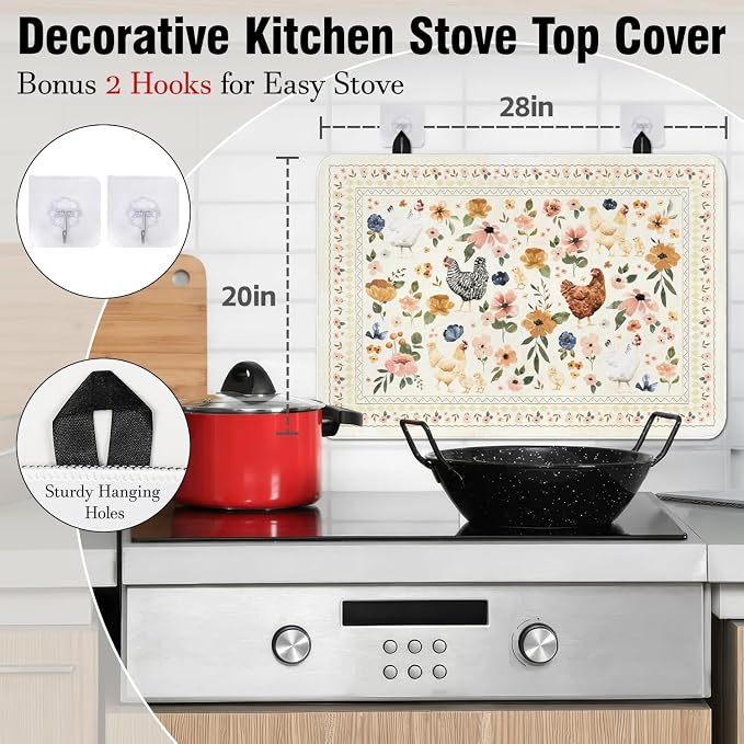 Boho Glass Stove Top Cover for Electric Stoves,Watercolor Chicken Hens Floral Farmhouse Stove Top Cover for Kitchen Decor,Heat Resistant Cooktop Protector Mat,Non-Slip Washable Dish Drying Mat 28"x20"