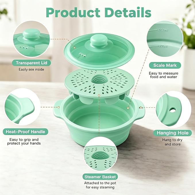 42oz Silicone Microwave Food Steamer with Steam Basket, Collapsible Steamer for Cooking Vegetable, Seafood, Dumplings, Rice Cooker, BPA Free Small Steam Pot with Handle & Lid, Dishwasher Safe (Green)