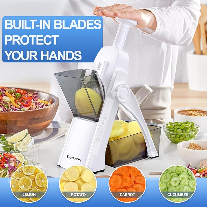 SupMaKin Safe Mandoline Slicer for Kitchen,Adjustable Potato Slicer 1-8 mm | for Vegetables Fruits Slicer with Container, Stainless Steel Blades,Faster Slicer Artifact Kitchen Gadgets Dishwasher Gifts