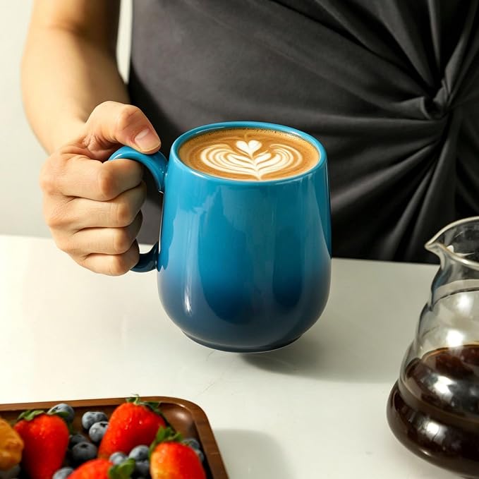 HASENSE 15oz Large Ceramic Mug Set, 4-Piece Blue Ombre Coffee Cups with Handle – Microwave & Dishwasher Safe for Cappuccino Latte Tea, Housewarming Present
