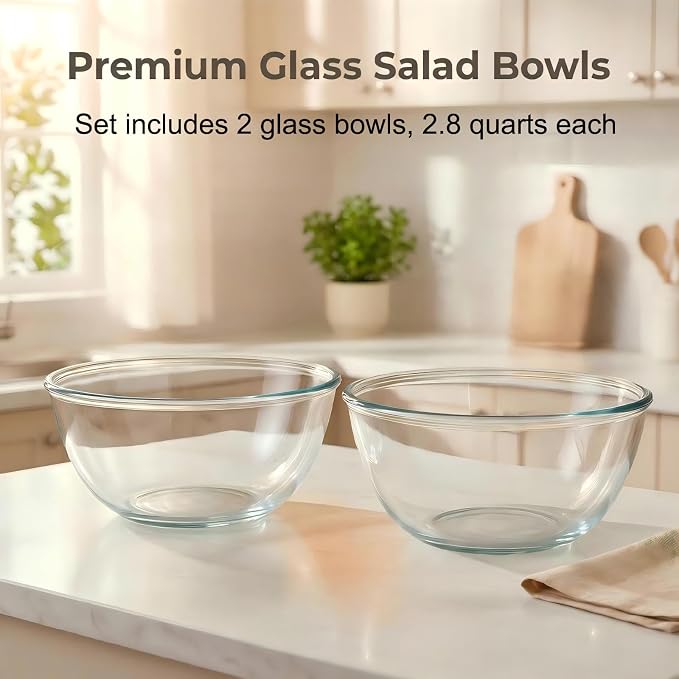 Borosilicate Glass Mixing Bowls, Set of 2 (9-inch, 2.8 QT Each) – Heavy Duty, Scratch Resistant, Non-Toxic & Lead-Free – Oven/Microwave/Dishwasher/Freezer Safe – Ideal for Meal Prep, Baking & Serving