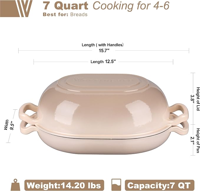 VORRINGARD Enameled Cast Iron Sourdough Bread Oven, Dutch Oven, Loaf Cast Iron Bread Pan for Homemade Bread Baking, Meatloaf Pan with Lid, 7QT, Latte