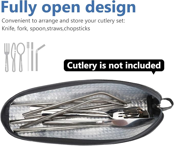 Travel Utensil Sets Carrying Case Portable Cutlery Set Pouch Reusable Silverware Set Bag Stainless Steel Straws Pouch Chopsticks Knife Fork and Spoon Holder for Work Bento Box Lunch Bag, Grey