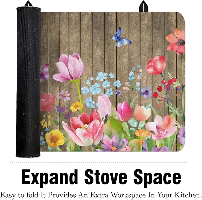 Spring Summer Glass Stove Top Covers for Electric Stove,Colorful Flower Watercolor Floral Farmhouse Heat Resistant Cooktop Protector Non-Slip Washable Dish Drying Mat Rug Pad for Kitchen Decor 28"x20"