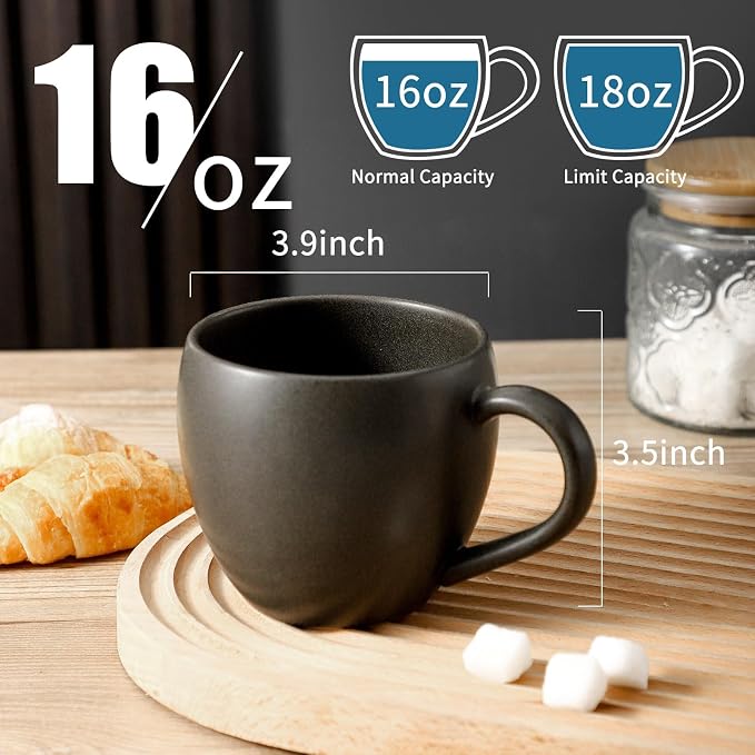 Coffee Mugs Set of 4, Black 16 oz Coffee Mugs for Latte Cappuccino Cocoa and Tea, Ceramic Coffee Cups With Handle,Stoneware Mugs for Housewarming Gifts, Microwave＆Dishwasher Safe