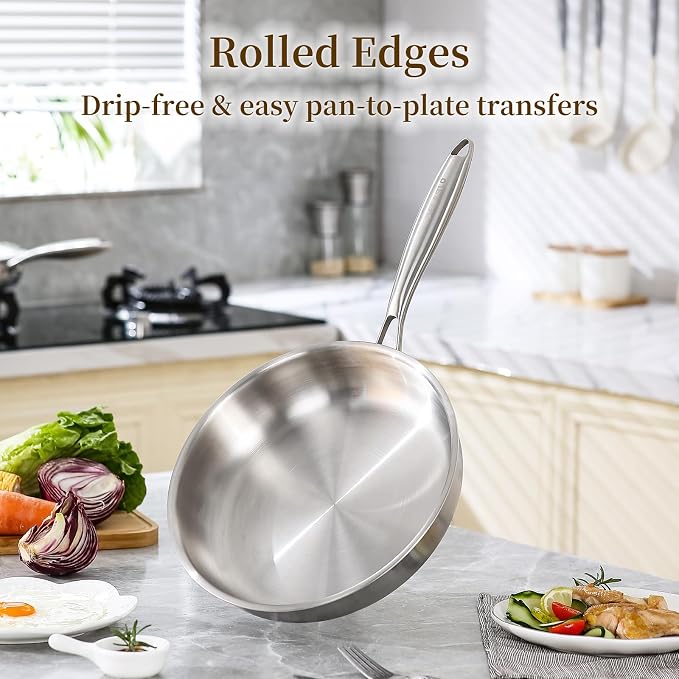 DELARLO Tri-Ply Stainless Steel Pan, 18/10 Frying Pan, Oven Safe Up to 600°F, Nontoxic Cookware, Compatible with All Cooktops Skillet, Durable, Fast Even Heat Fry Pan,12.5 inch Steel Frying Pan