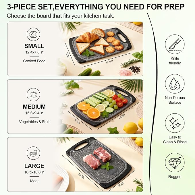 Viretang Extra Large Cutting Boards For Kitchen, 3 Pieces, Dishwasher Safe | Plastic Chopping boards Set with Juice Grooves, Easy Grip Handle, Non-Slip, Grinding Area, XL, Dark Grey, Non BPA