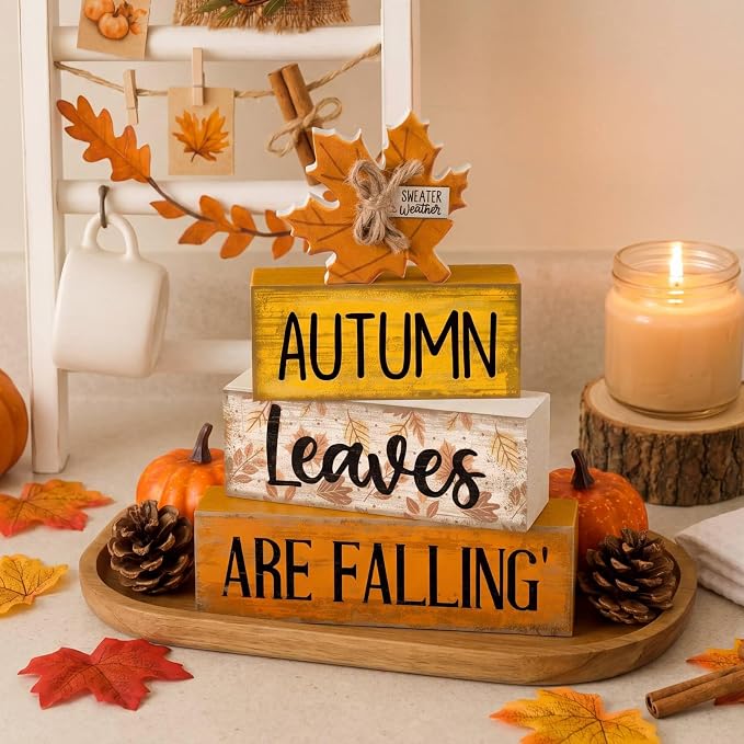 Lineshading 4 Pcs Wooden Fall Block Signs Farmhouse Tabletop Tiered Tray | Rustic Autumn Theme, Stackable Wooden Blocks for Mantel Shelf, Thanksgiving Seasonal Gift, Farmhouse Style Home Accents
