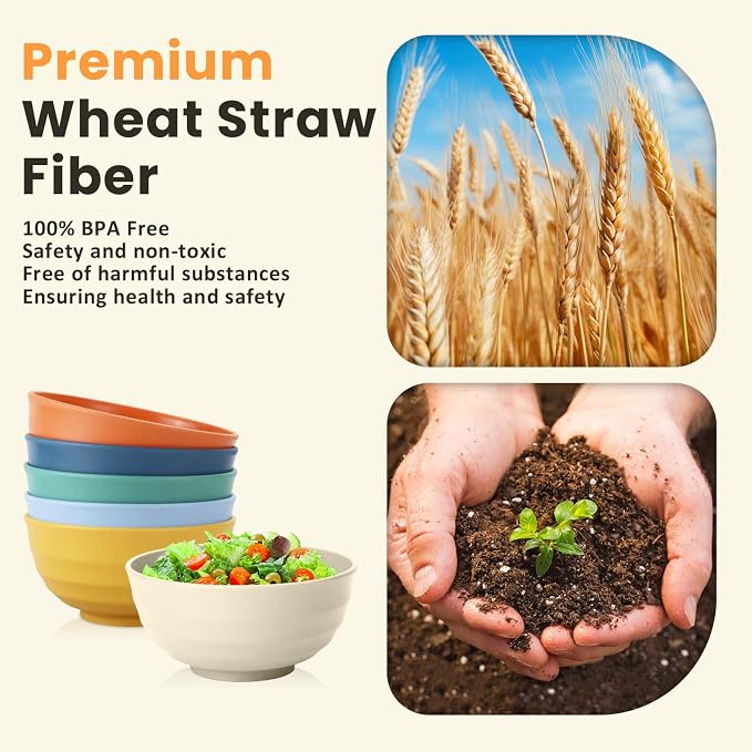 Large Bowl Set of 6, 60 oz Unbreakable Wheat Straw Bowls, Microwave Safe & Reusable for Salad, Cereal, Soup, Ideal for Camping, Picnic, Family Dining (Multi)